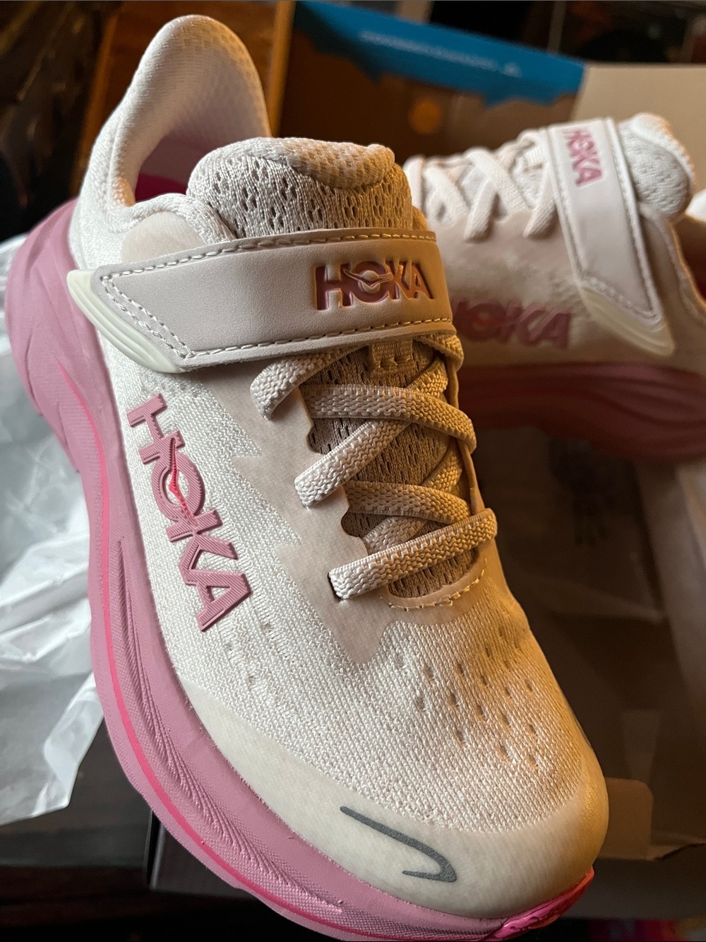 Hoka Kids White and Pink Hook-and-Loop Athletic Sneakers - Picture 2 of 11